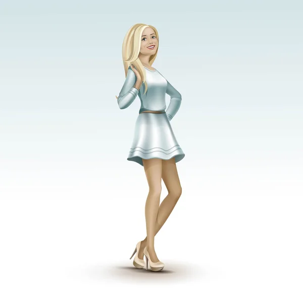 Chica rubia en vestido de tacón con pelo largo — Vector de stock