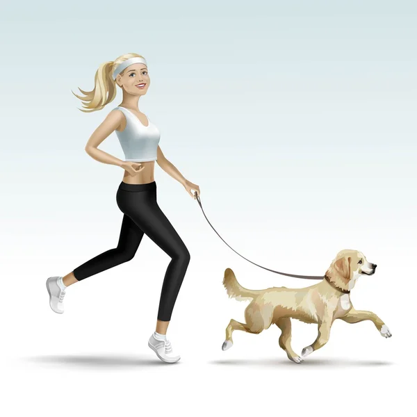 Blonde vrouw meisje vrouw joggen met hond — Stockvector