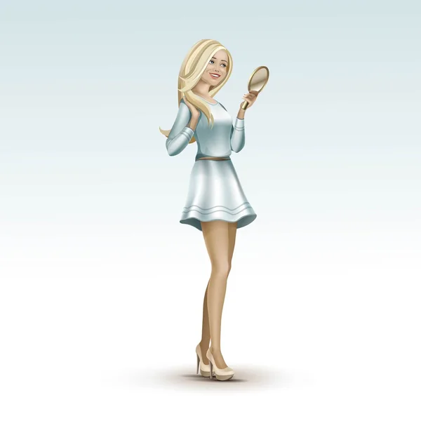 Femme blonde fille en robe de mode avec miroir — Image vectorielle