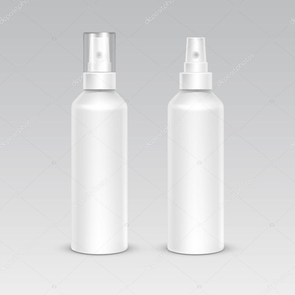 Spray Bottle White Plastic Packaging Container Set. Medical Cosmetic Care. Blank Isolated Vector Illustration
