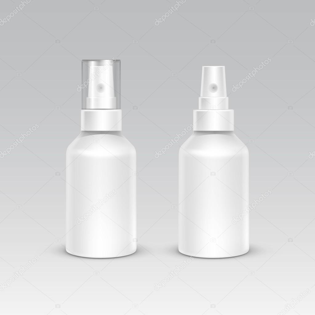 Spray Bottle White Plastic Packaging Container Set. Medical Cosmetic Care. Blank Isolated Vector Illustration