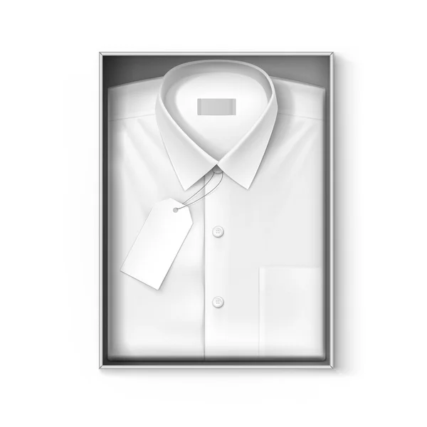 White classic men shirt with label in packaging box isolated — Stock Vector