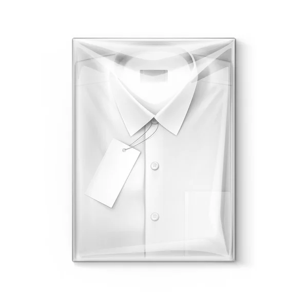 White classic men shirt with label in transparent packaging box — Stock Vector