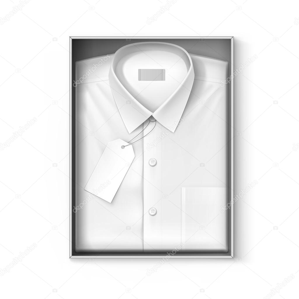 White classic men shirt with label in packaging box isolated