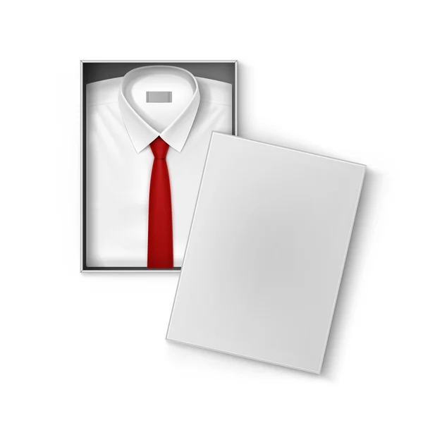 Weißes klassisches Herrenhemd mit roter Krawatte in Verpackungsbox — Stockvektor