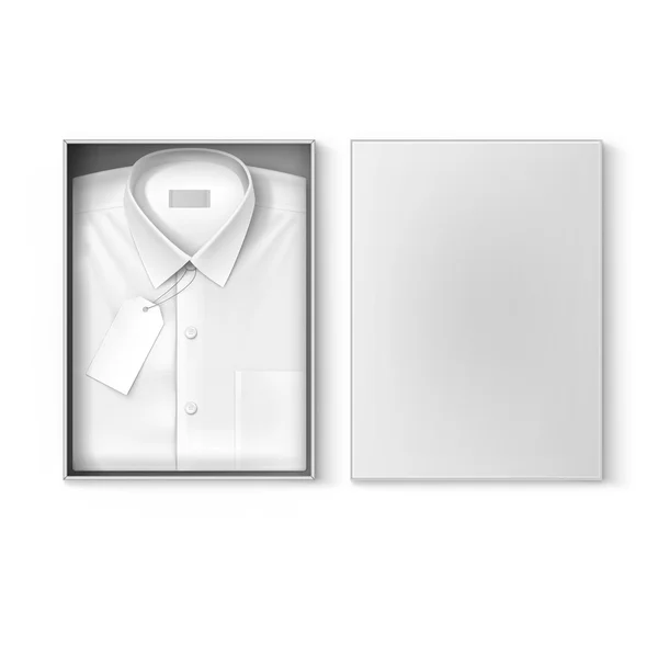 Camisa clásica blanca para hombre con etiqueta en la caja de embalaje — Archivo Imágenes Vectoriales