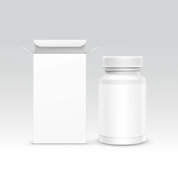 Vektör boş tıp tıbbi ambalaj paketi kağıt kutu ve hap ve arka plan üzerinde izole etiket için Kapaklı plastik şişe