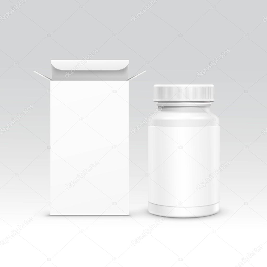 Vector Blank Medicine Medical Packaging Package Paper Box and Plastic Bottle with Cap for Pills and Label Isolated on Background