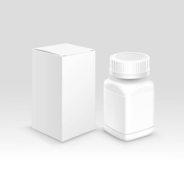 Vektör boş tıp tıbbi ambalaj paketi kağıt kutu ve hap ve arka plan üzerinde izole etiket için Kapaklı plastik şişe