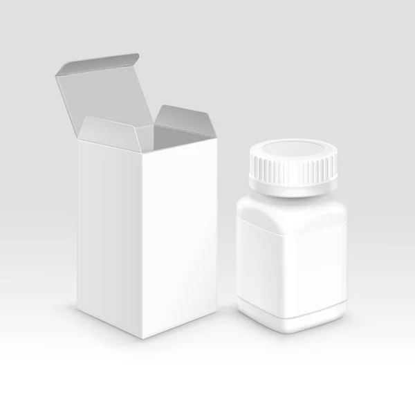 Vector Blank Medicine Paquete de embalaje médico Caja de papel y botella de plástico con tapa para píldoras y etiquetas aisladas en el fondo — Vector de stock