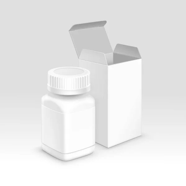 Vector Blank Medicine Paquete de embalaje médico Caja de papel y botella de plástico con tapa para píldoras y etiquetas aisladas en el fondo — Vector de stock