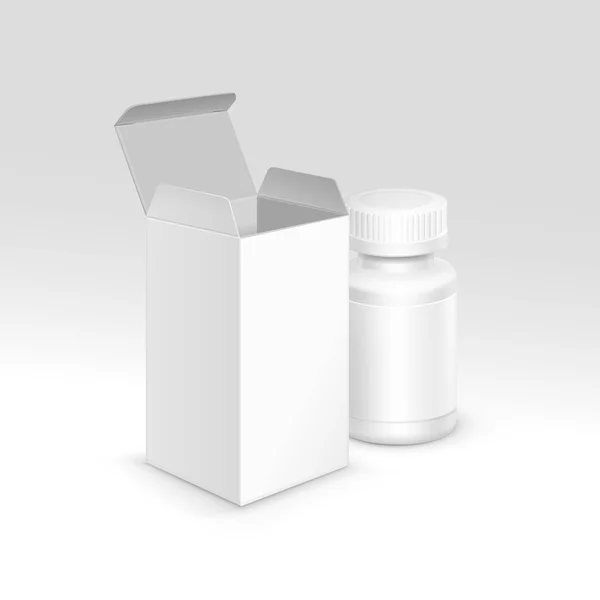 Vektor leer Medizin medizinische Verpackung Pappschachtel und Plastikflasche mit Deckel für Pillen und Etikett isoliert auf dem Hintergrund — Stockvektor