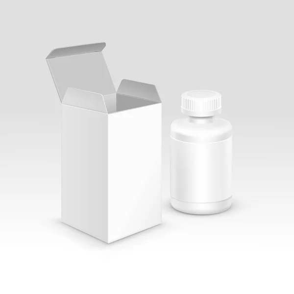 Caixa de papel de embalagem médica e garrafa de plástico com tampa para comprimidos e etiqueta isolada no fundo —  Vetores de Stock