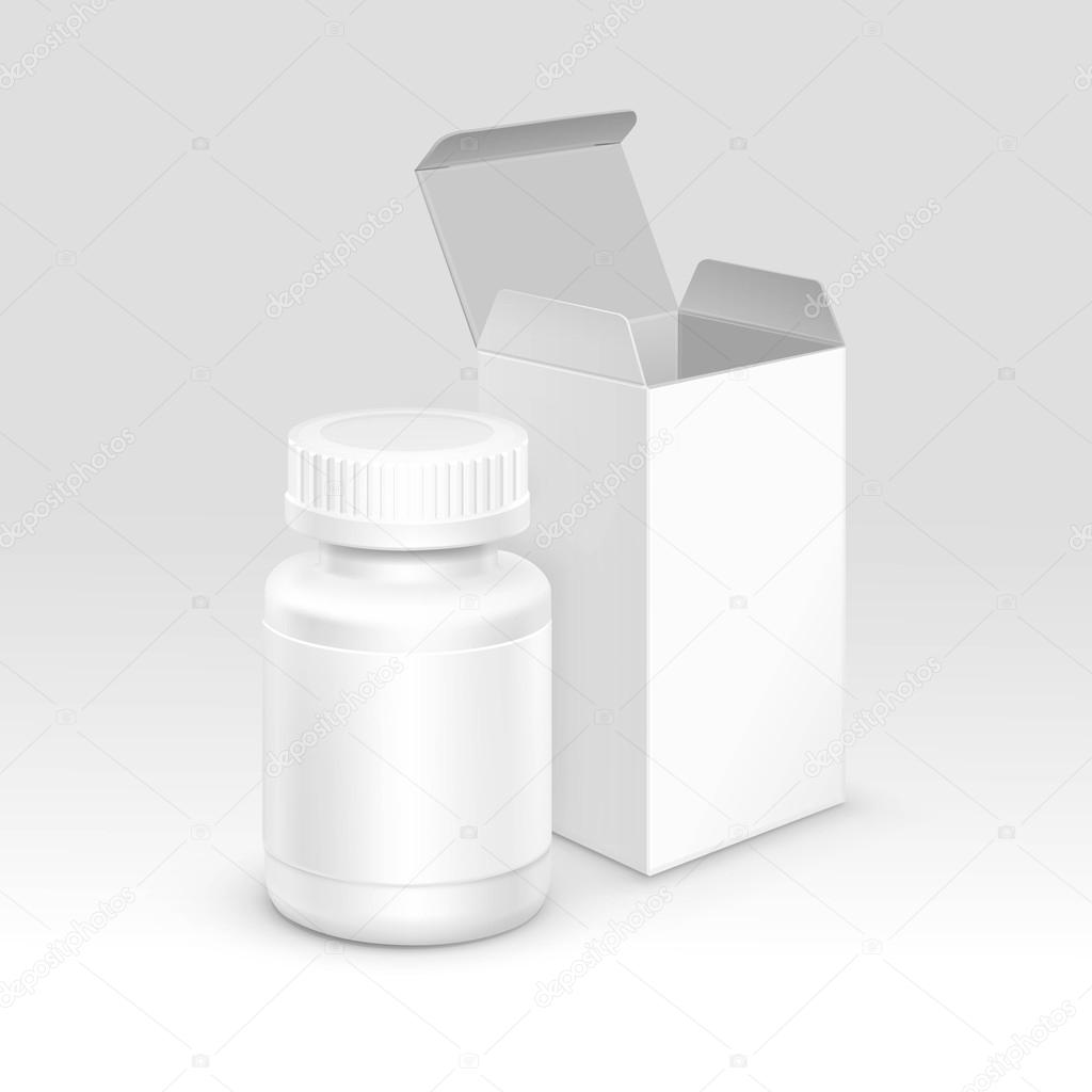 Vector Blank Medicine Medical Packaging Package Paper Box and Plastic Bottle with Cap for Pills and Label Isolated on Background