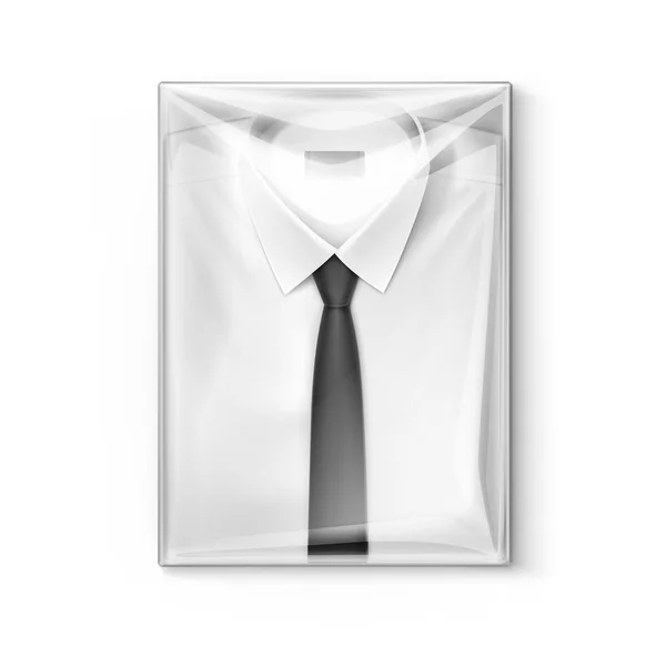 White classic men shirt with black tie in the transparent packaging box — Stock Vector
