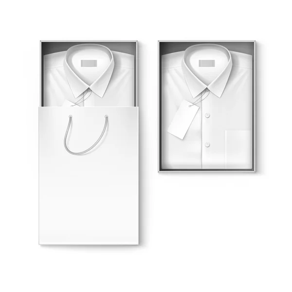 White classic men shirt with label in the packaging box and shopping bag — Stock Vector