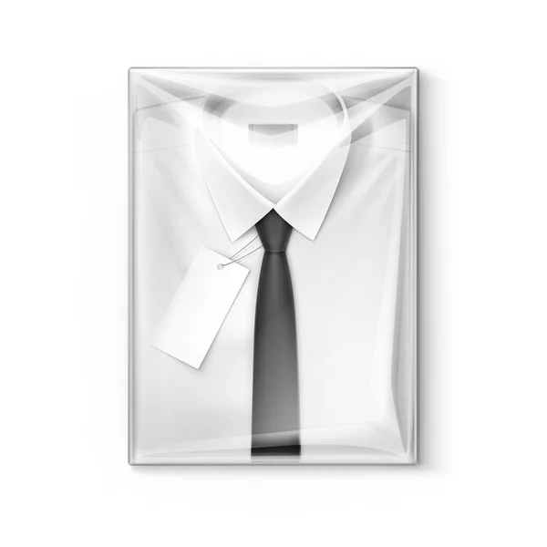 White classic men shirt with black tie and label in the transparent packaging box — Stock Vector