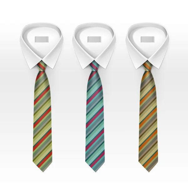 Set of Tied Striped Colored Silk Ties and Bow Ties Collection Vector Realistic Illustration Isolated on White Background — Stock Vector