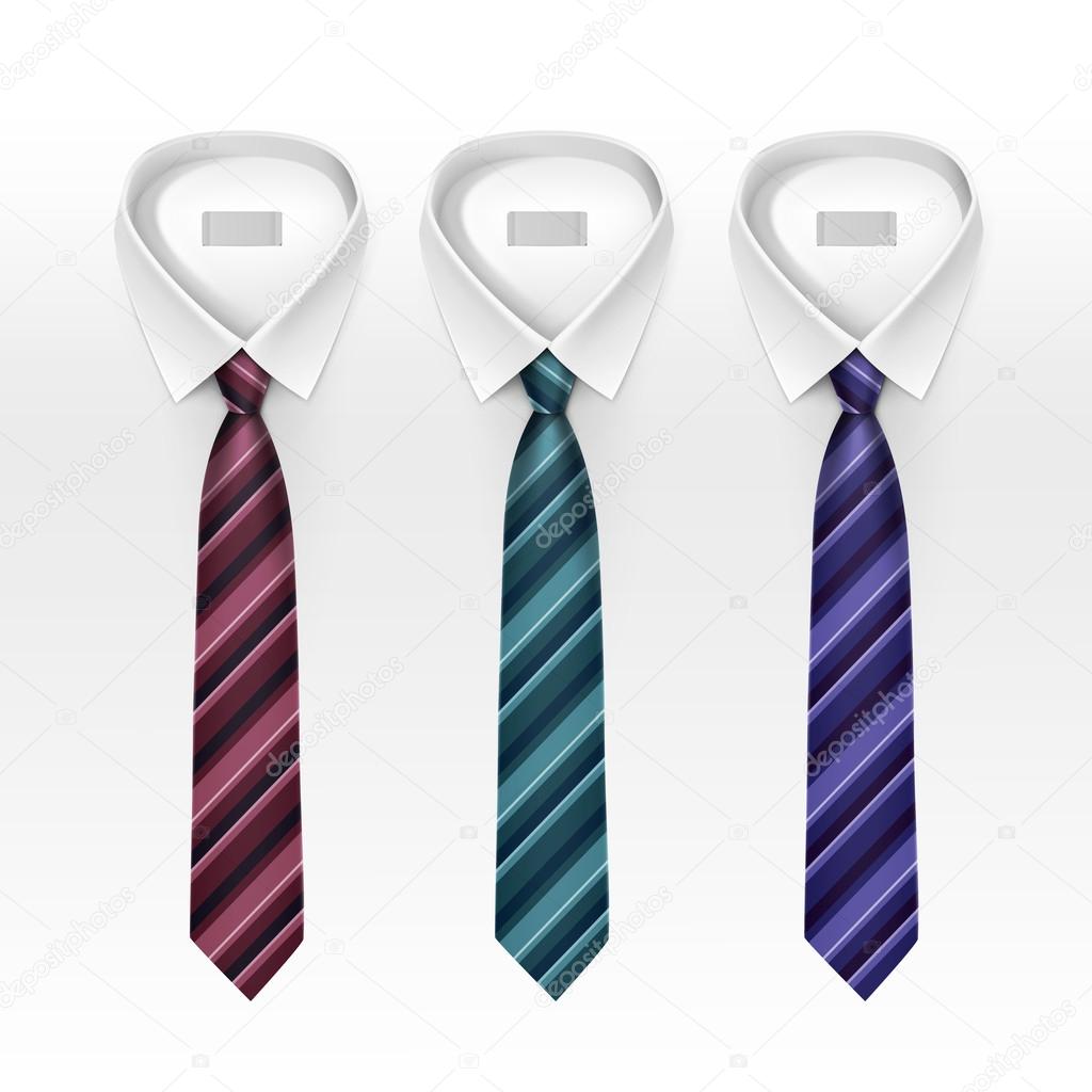 Set of Tied Striped Colored Silk Ties and Bow Ties Collection Vector Realistic Illustration Isolated on White Background