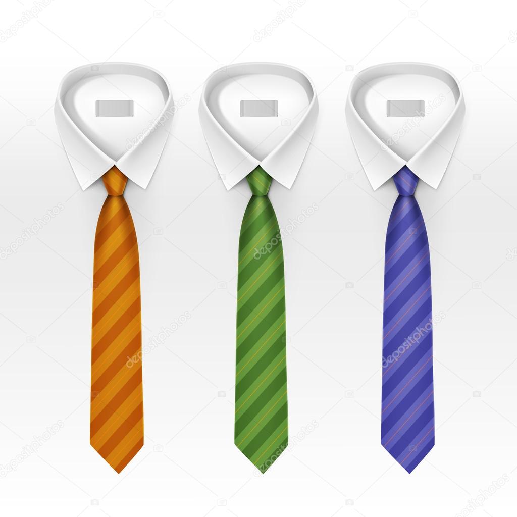 Set of Tied Striped Colored Silk Ties and Bow Ties Collection Vector Realistic Illustration Isolated on White Background