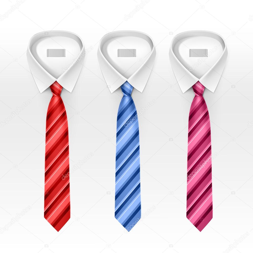 Set of Tied Striped Colored Silk Ties and Bow Ties Collection Vector Realistic Illustration Isolated on White Background