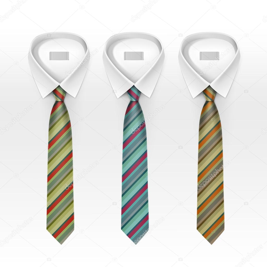 Set of Tied Striped Colored Silk Ties and Bow Ties Collection Vector Realistic Illustration Isolated on White Background