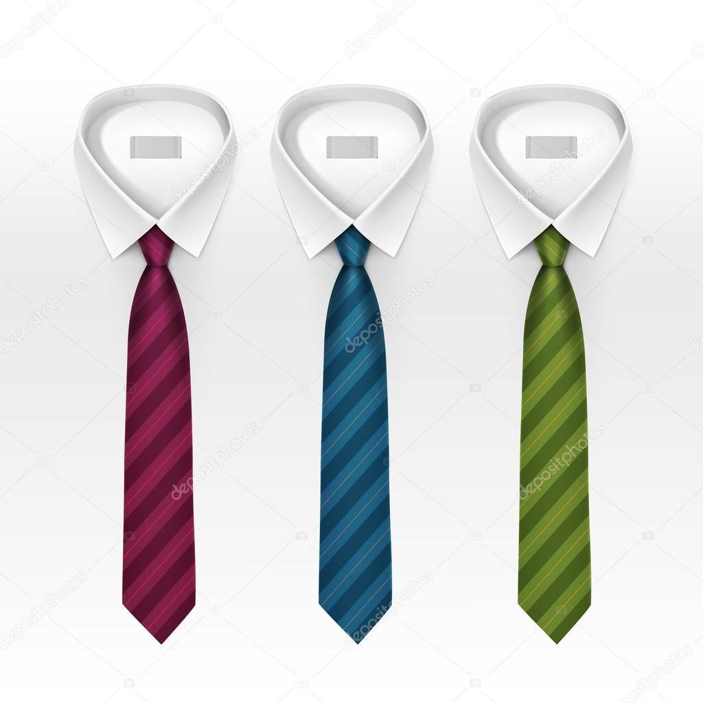 Set of Tied Striped Colored Silk Ties and Bow Ties Collection Vector Realistic Illustration Isolated on White Background