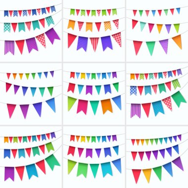 Çok renkli kirazkuşları vektör kümesi beyaz arka plan üzerinde izole bayrakları çelenk