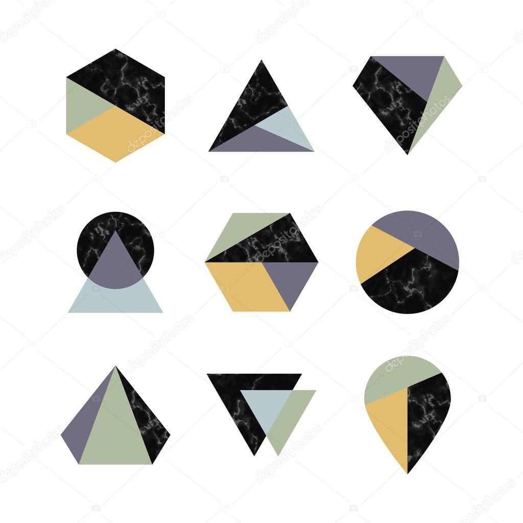 Set of icons, geometric logo with marble texture
