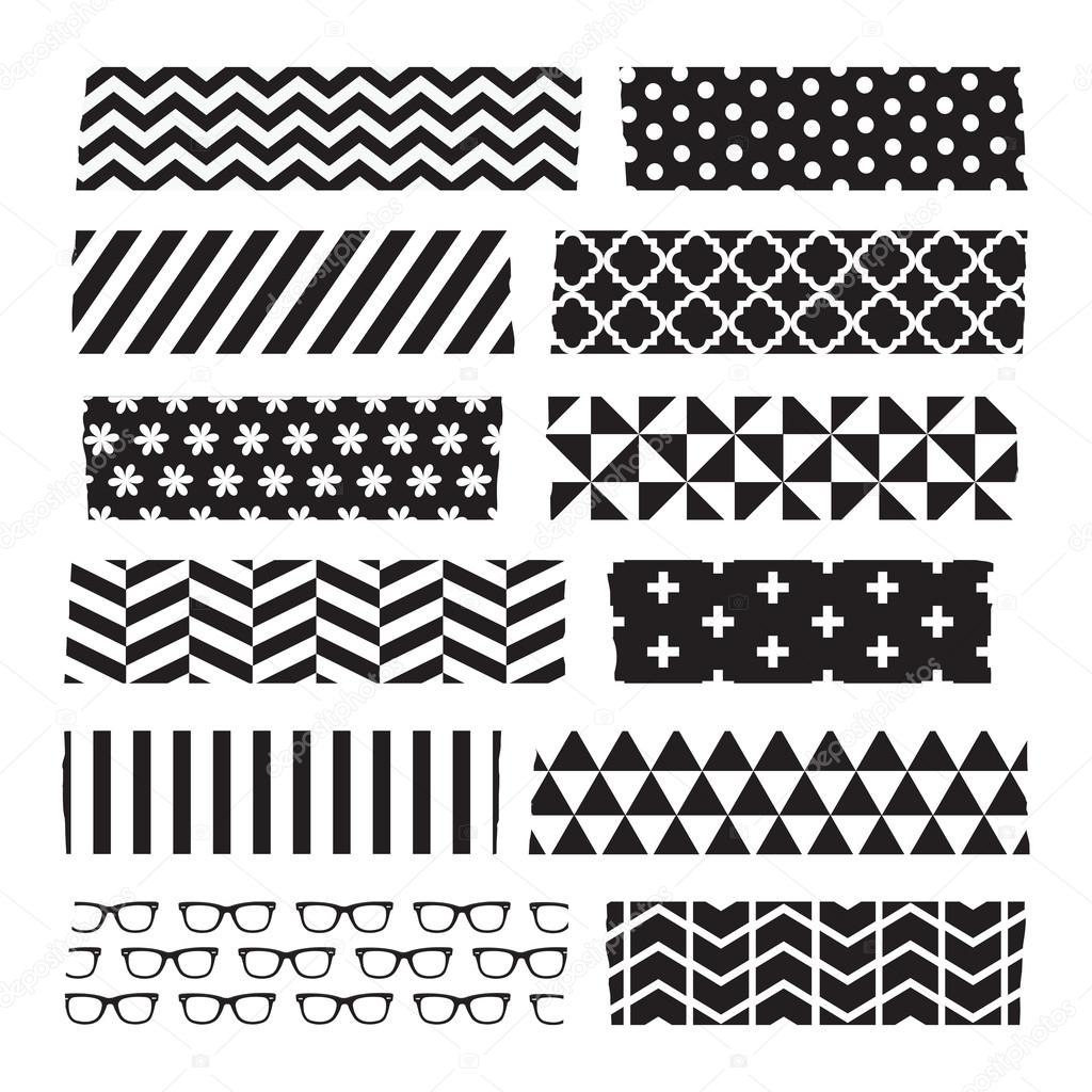 Set Of Black And White Geometric Patterned Washi Tape Strips Stock