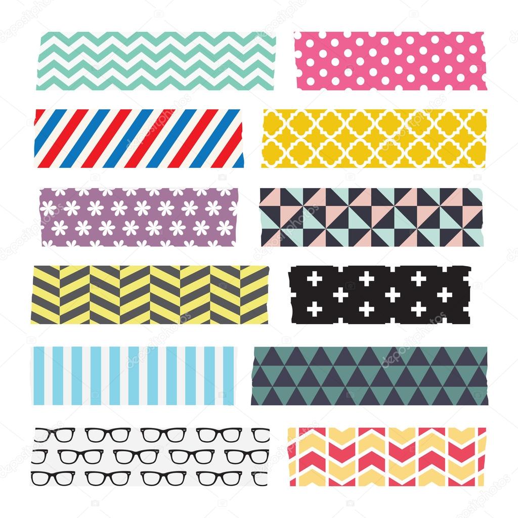 Set of colourful patterned washi tape strips