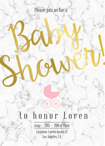 Invitación a la ducha de bebé con mármol y oro — Vector de stock