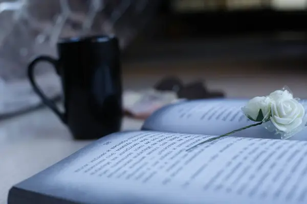 Kahvaltı masanın üstünde. Kurabiyeli kahve, çikolata ve bir kitap. Yüksek kalite fotoğraf
