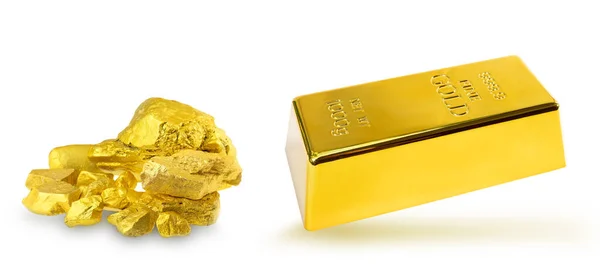 Hromada Zlatých Prutů Skupina Drahých Zlatých Nugetů Bílém Pozadí — Stock fotografie