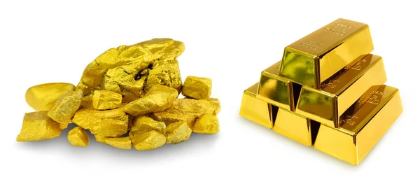 Hromada Zlatých Prutů Skupina Drahých Zlatých Nugetů Bílém Pozadí — Stock fotografie