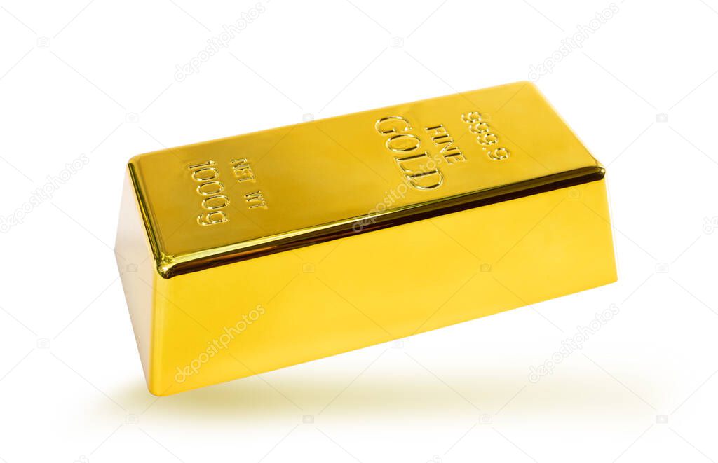 Closeup shiny a gold bar 1 kg on white background clipping path