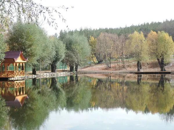 Wooden Arbor Autumn Forest Lake — Stock Photo, Image