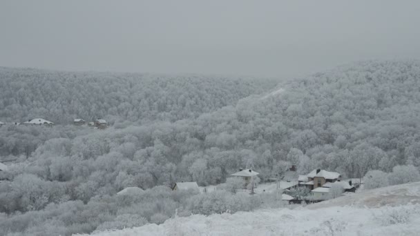 Vista de la ciudad cubierta de nieve y casas urbanas en el horizonte en el día nublado de invierno — Vídeos de Stock