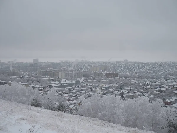 Вид Заснеженных Городских Городских Домов Горизонте Пасмурный Зимний День — стоковое фото