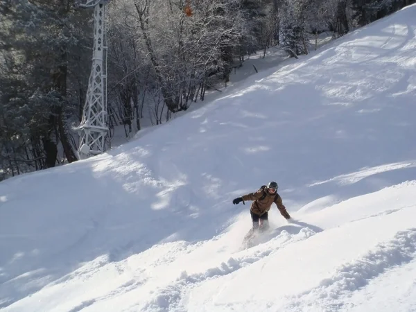 Snowboarder Ιππασία Snowboard Από Σκόνη Λόφο Χιόνι — Φωτογραφία Αρχείου