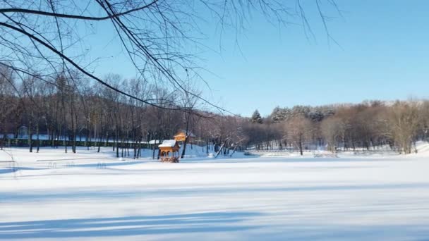 Hermoso paisaje de invierno con edificios de madera en un día soleado y helado. — Vídeos de Stock