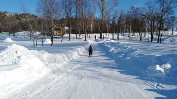 Khvalynsk, russia, - febbraio, 2021: ragazzo cavalca sci di fondo con un piccolo scivolo — Video Stock