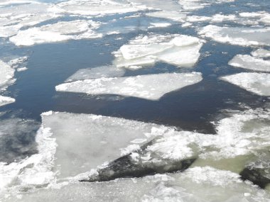 Baharda donmuş su üzerindeki buz blokları ile kış doğası arka planı.