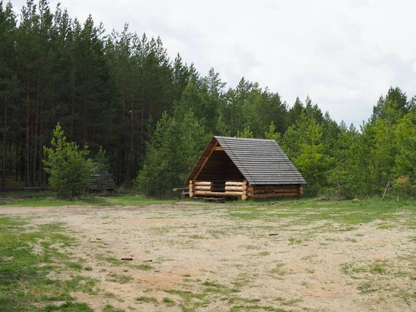 Gazebo Legno Sulla Scena Forestale Estiva Gazebo Vista Foresta Foresta — Foto Stock