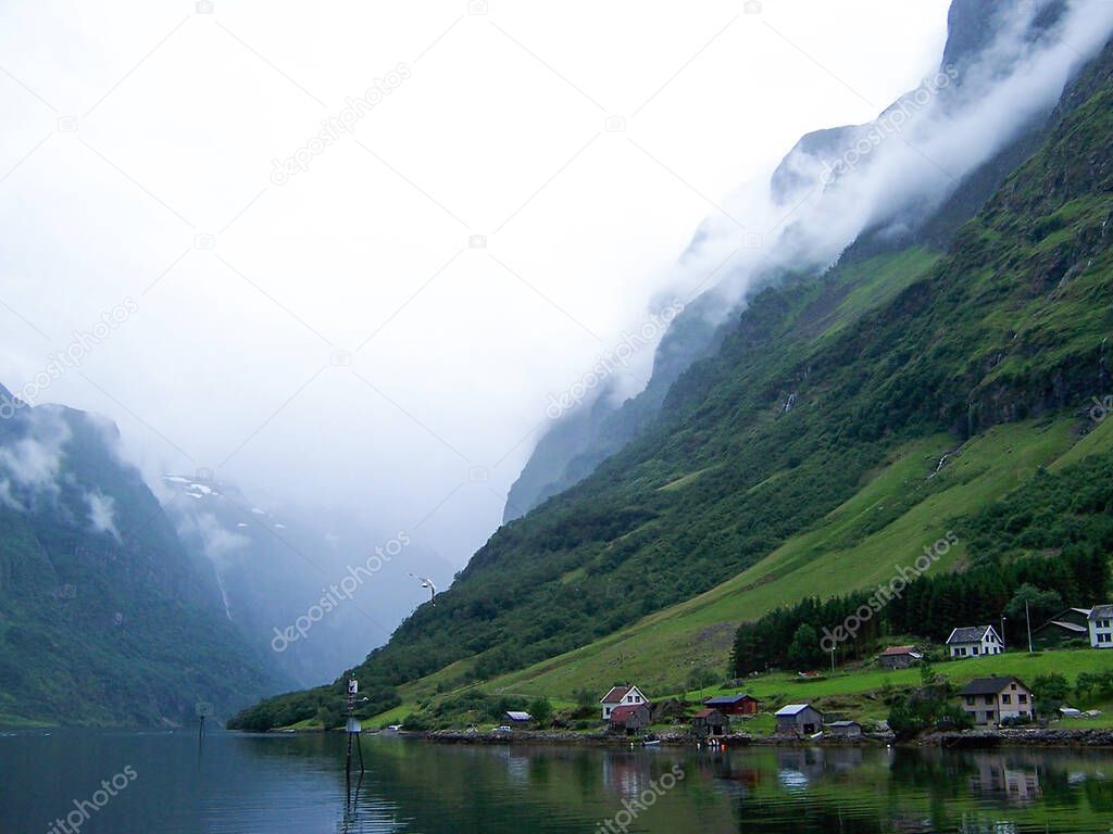 Cloudy weather at Aurland fjord Norway