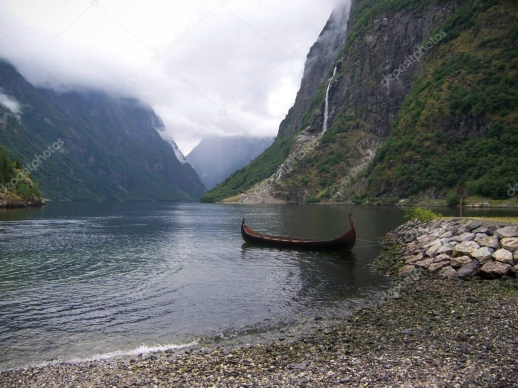 beautifull view of Viking drakkar at the end of the Sognefjord between Flam and Gudvangen in Norway