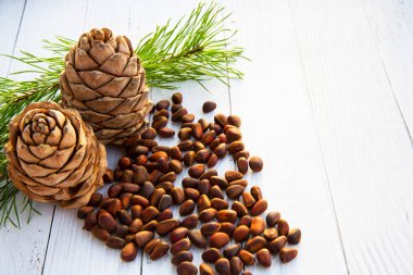 Bir kaşıkta soyulmuş sedir fıstığı çekirdekleri, iki kozalak, yeşil dallar ve kabuktaki fındıklar koyu ahşap bir tahtaya karşı