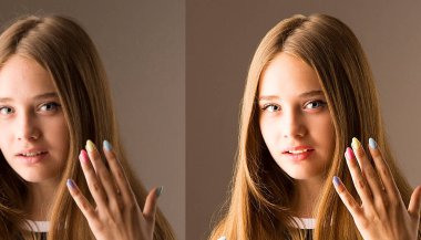 İşlemden önce-sonra. Kadın rötuştan önce ve sonra. Cilt bakımı öncesi ve sonrası portrelerin karşılaştırılması. Photoshop 'ta iki frekanslı ayrışma. Photoshop 'ta bir portre yenileniyor