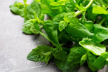 Tahta masa üzerinde taze nane. Kopya alanı