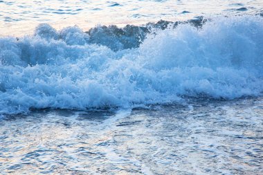 Baltık Denizi 'nin kumlu sahilinde köpüklü beyaz dalgalar. Mavi deniz ve parlak mavi gökyüzü, yüksek gelgit. Sahilde yaz